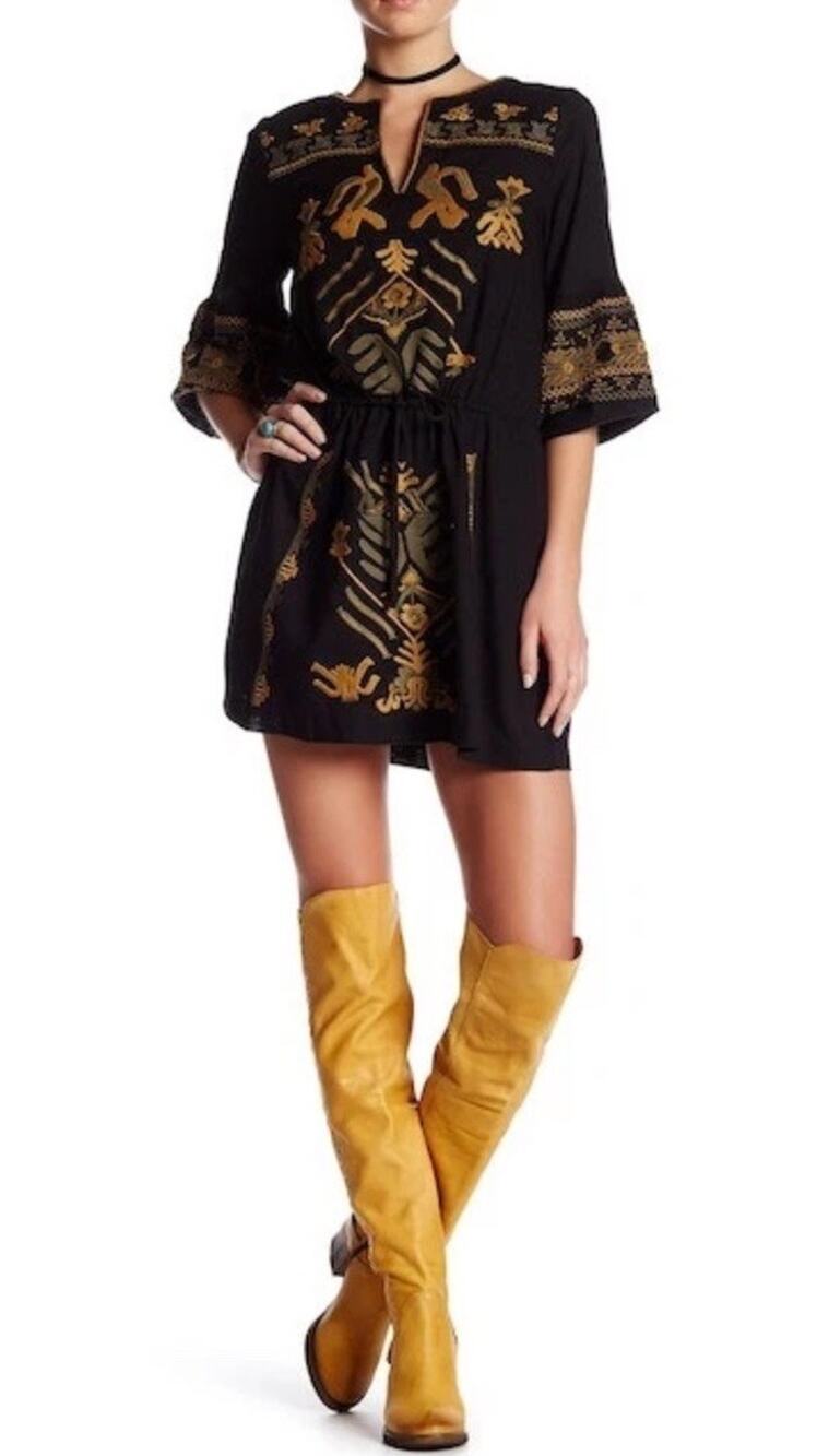 Free People Anouk Black Combo Gold Olive Embroidered Mini Dress Tunic XS